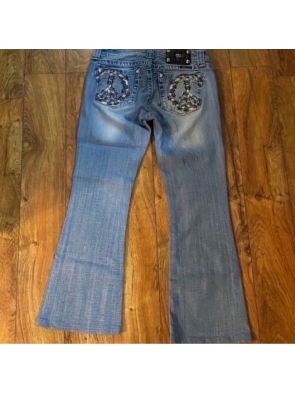 Beautiful Miss Me Boot Light Blue Jeans Peace Back Pockets 28” Hemmed
